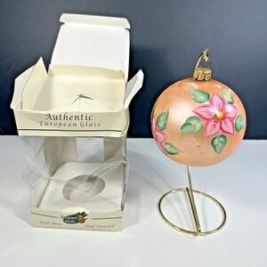 Designers Studio Handpainted Glass Ornament Flowers Scene Mouth Blown W/Box